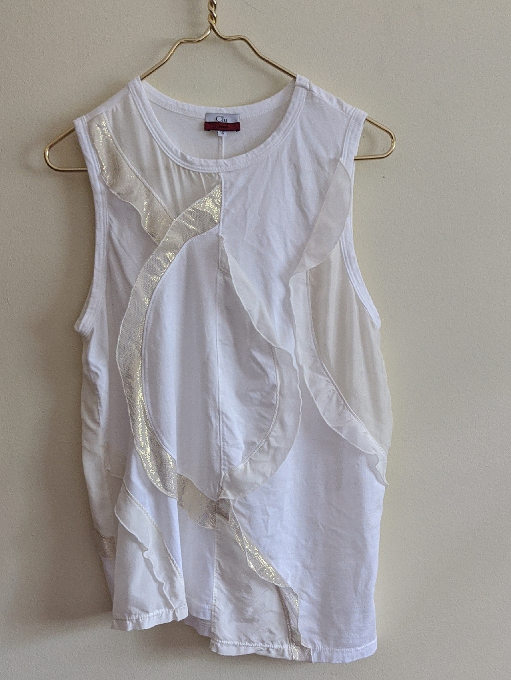 Sleeveless White Ruffle Tank with Metallic Trim